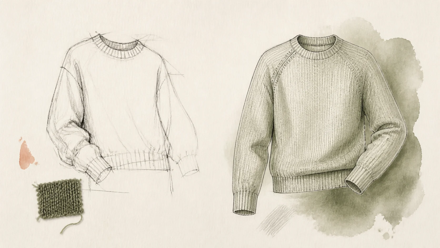 Editorial illustration showing a loose knitwear idea beside a clearer visual reference