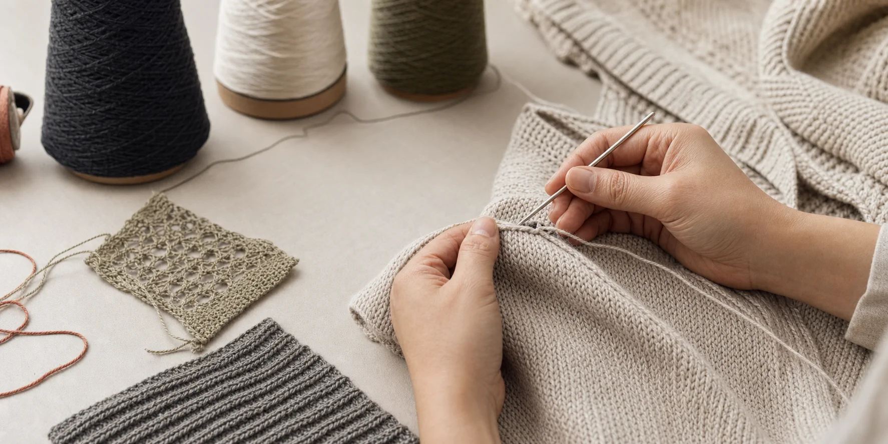 Detailed hand-finishing for complex custom knitwear craftsmanship