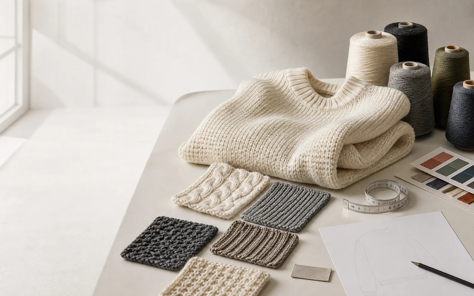 Custom knitwear product development with sweater samples, yarn and stitch swatches