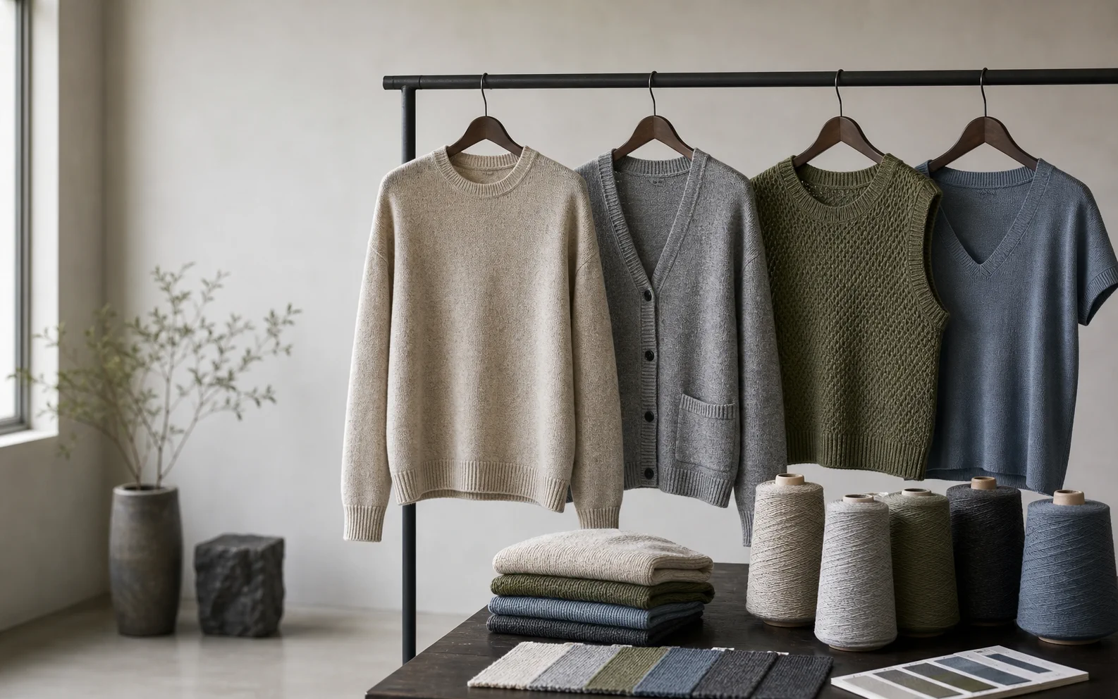 Multi-style knitwear collection with coordinated yarn and color development