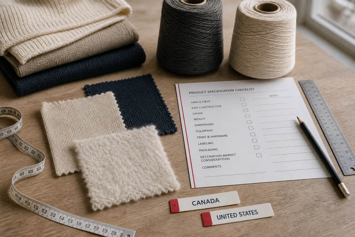 Knit swatches, yarn cones and destination-market planning notes for Canada and the United States