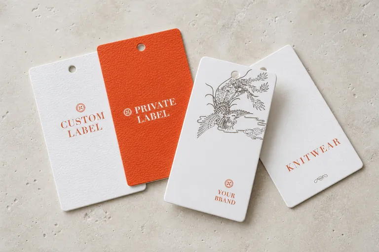 Orangefarbene und elfenbeinfarbene strukturierte Hangtags mit Private-Label-Druck- und Illustrationsoptionen für Strickwarenmarken