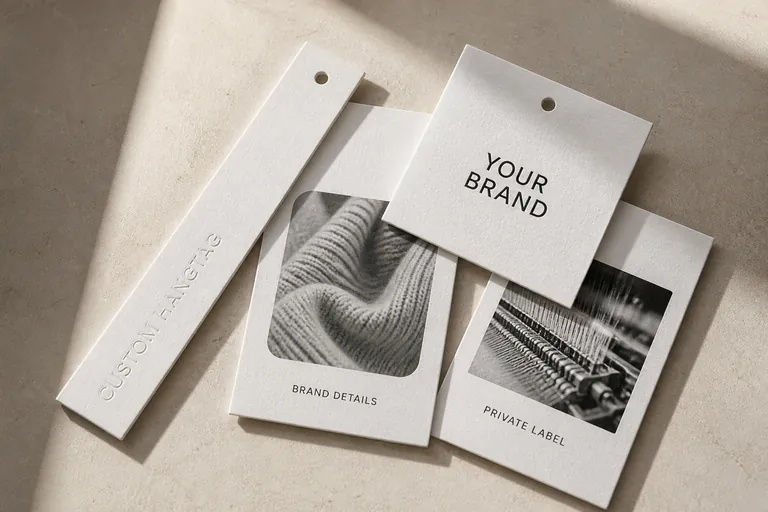 Monochrome Hangtags für Strickwaren mit geprägtem Logo, Strickstruktur und Druckoptionen für Fertigungsdetails
