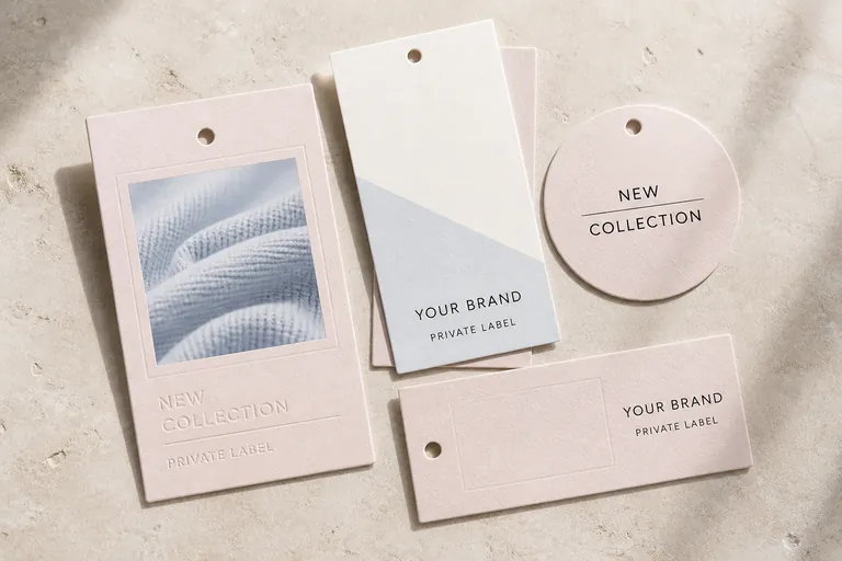 Runde und rechteckige Private-Label-Hangtags für Strickwaren mit individuellen Farb- und Kollektionsgrafikoptionen
