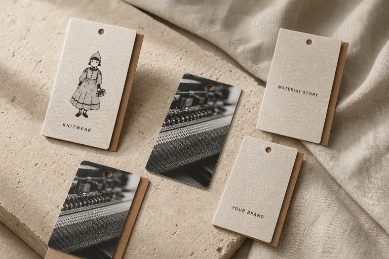 Hangtags mit Leinenstruktur und monochromem Druck als Beispiele für Materialstory und Strickwaren-Branding