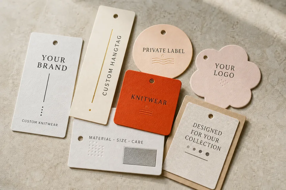 Individualisierbare Hangtags mit Markenname, Logo sowie Material-, Größen- und Pflegeangaben für Private-Label-Strickwarenprojekte