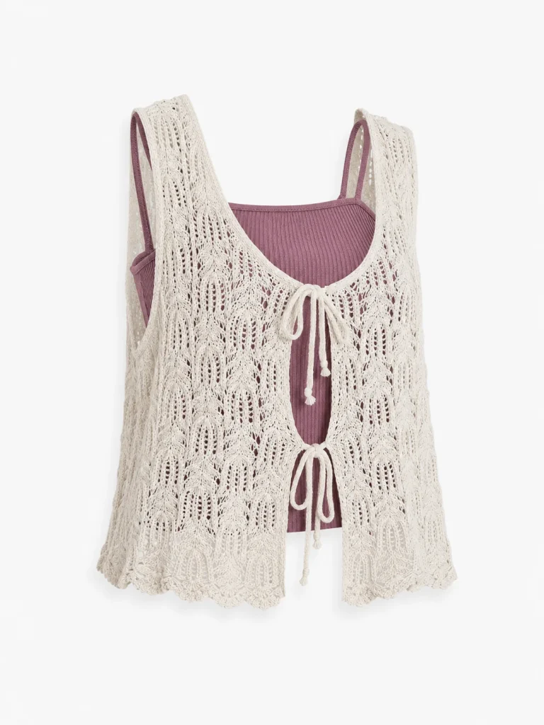 Custom Women's Ivory Fine-Crochet Ribbon-Tie Vest Twinset for Summer