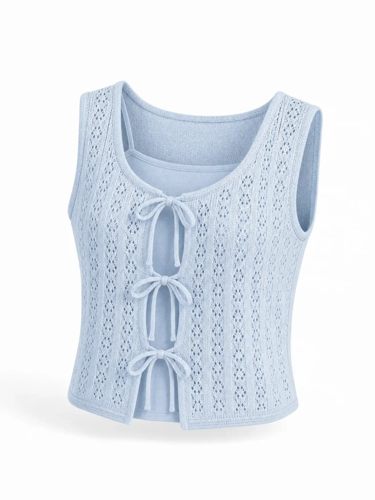 Custom Women's Powder-Blue Floral Pointelle Bow-Front Knit Vest for Summer