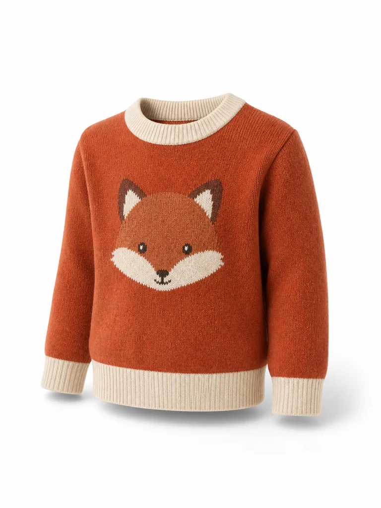 Custom Kids' 7GG Rust Fox Intarsia Sweater for Autumn