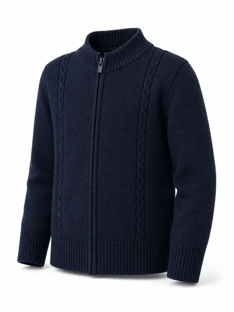 Custom Kids' 7GG Navy Cable-Knit Zip Cardigan for Autumn