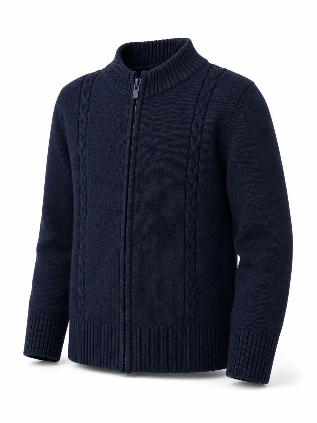 Développement sur mesure : Cardigan enfant bleu marine à torsades et zip en 7GG pour une collection d’automne