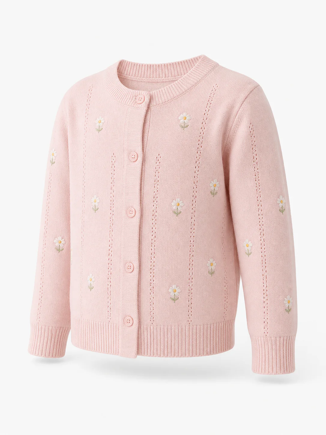 Développement sur mesure : Cardigan enfant rose en maille ajourée à fleurs en 12GG pour une collection de printemps