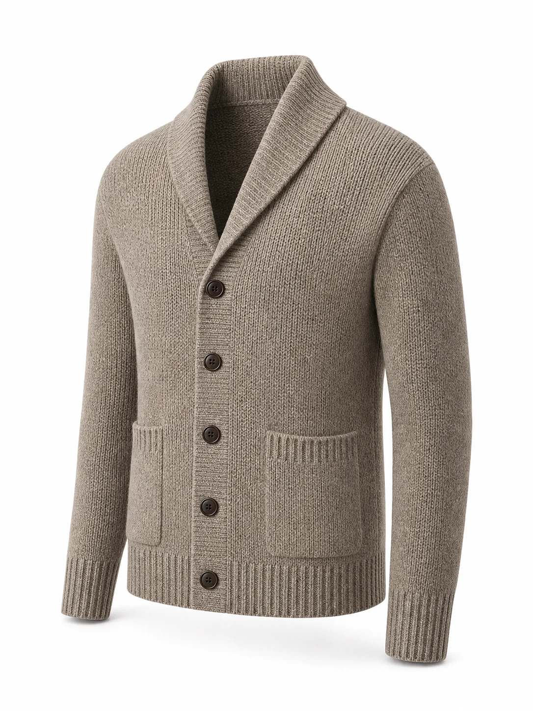 Développement sur mesure : Cardigan homme taupe en maille à col châle en 5GG pour une collection d’automne