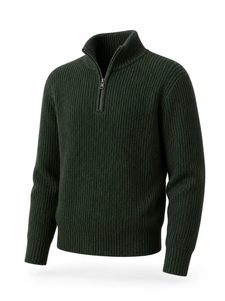 Custom Men's 5GG Pine Green Fisherman-Rib Half-Zip Sweater for Autumn