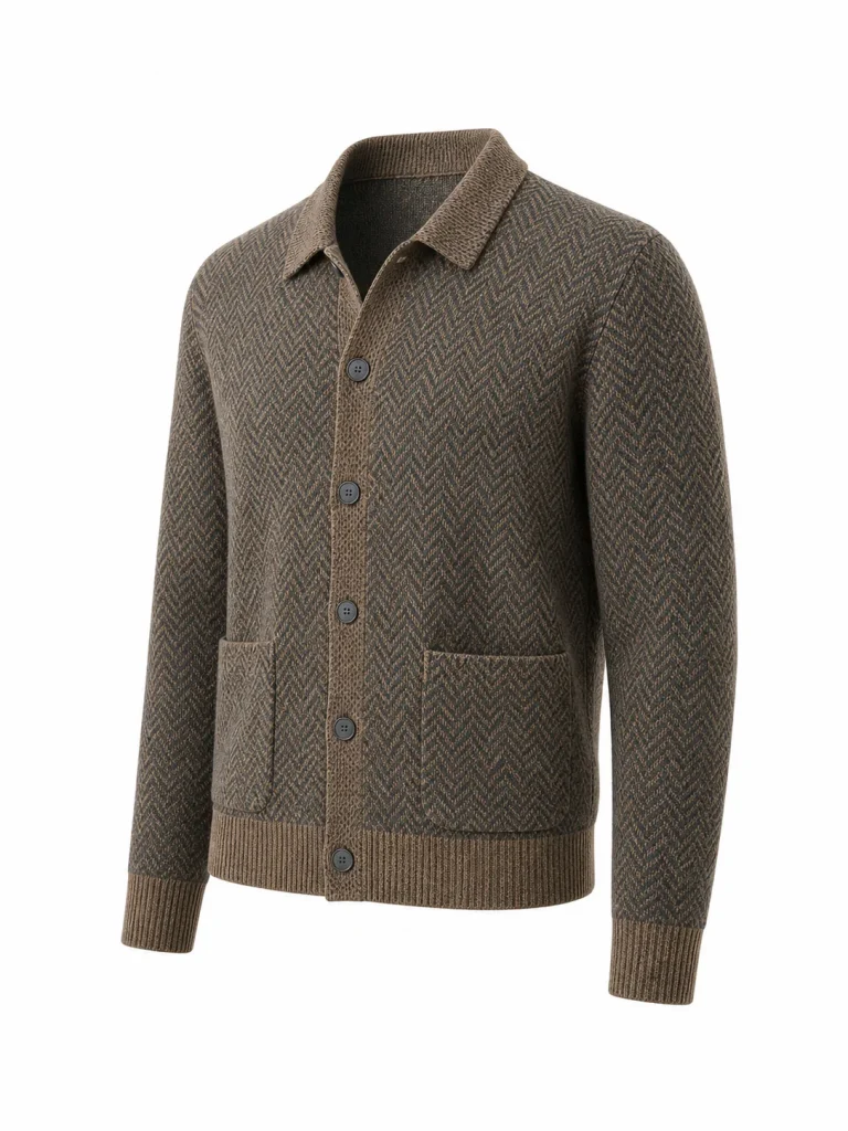 Custom Men's 7GG Camel Herringbone Jacquard Knit Overshirt for Autumn