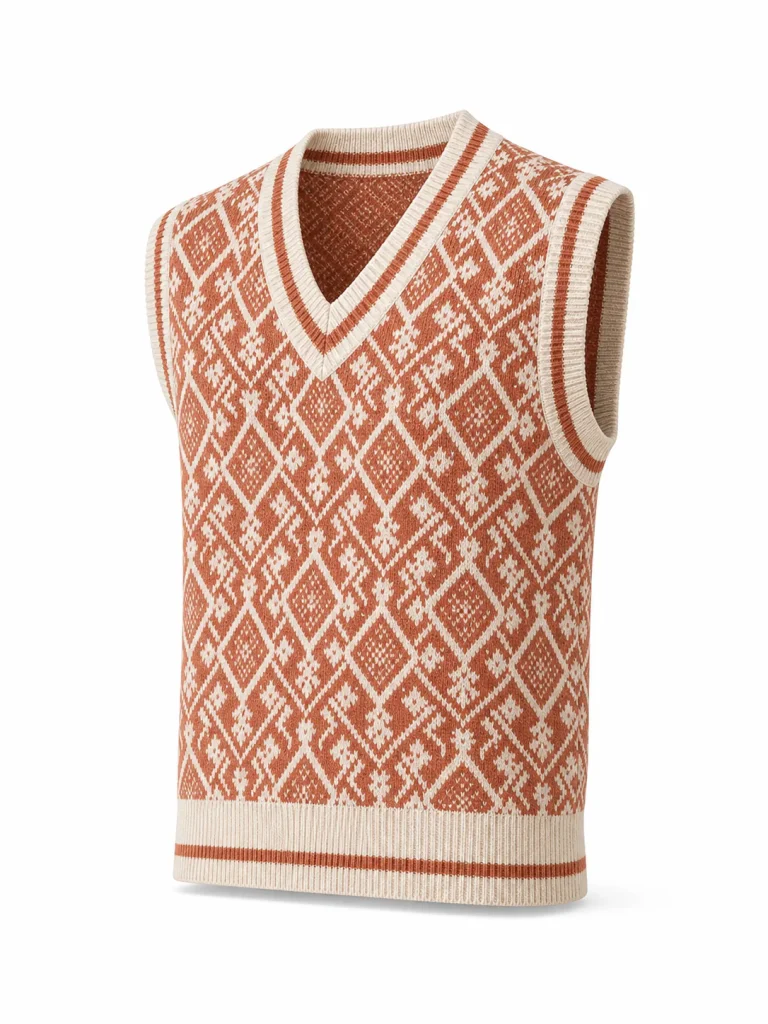 Custom Men's 7GG Terracotta Geometric Jacquard Sweater Vest for Spring