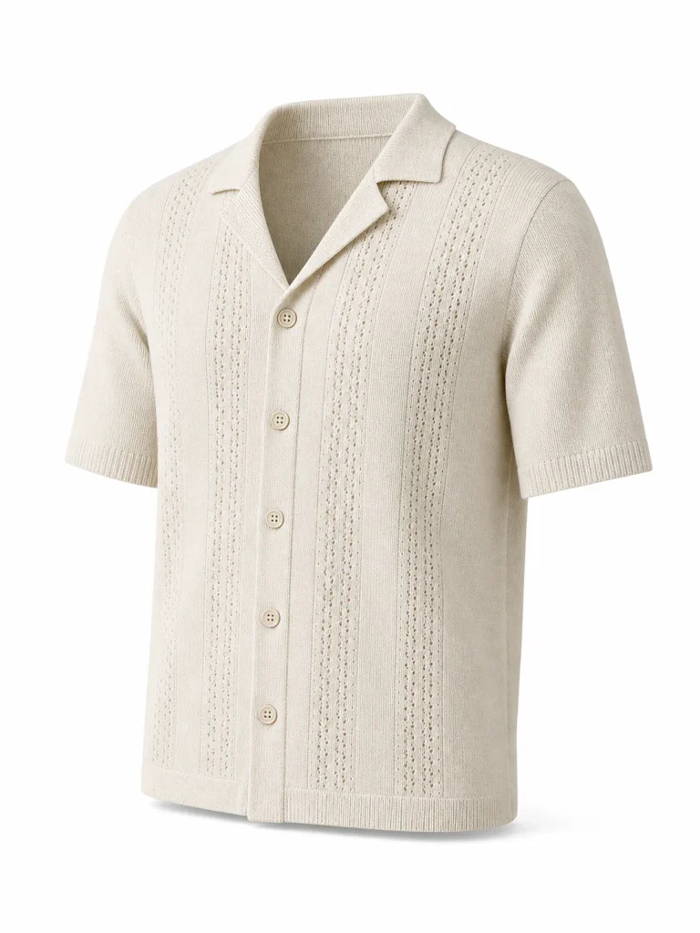 Custom Men's 12GG Ivory Pointelle Camp-Collar Knit Shirt for Summer