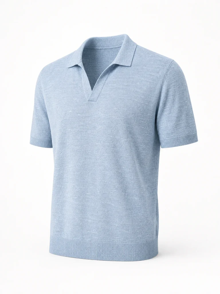 Custom Men's 14GG Sky Blue Linen-Cotton Fine-Knit Polo for Summer