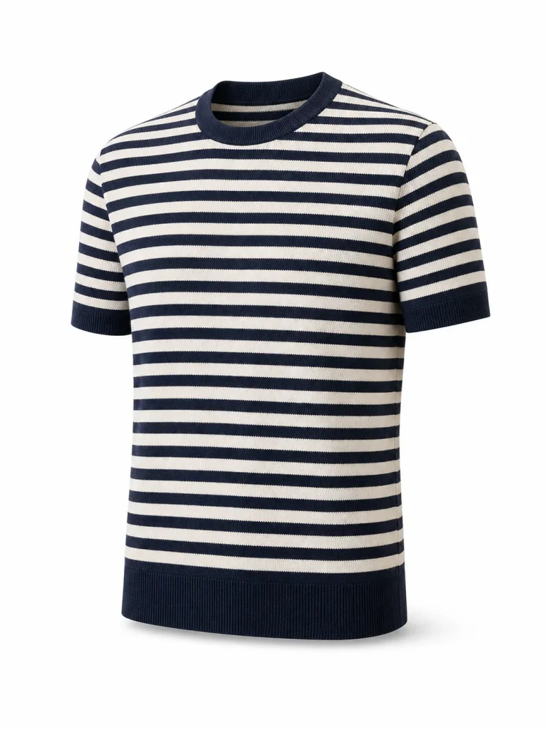 Custom Men's 14GG Navy and Cream Striped Knit T-Shirt for Summer