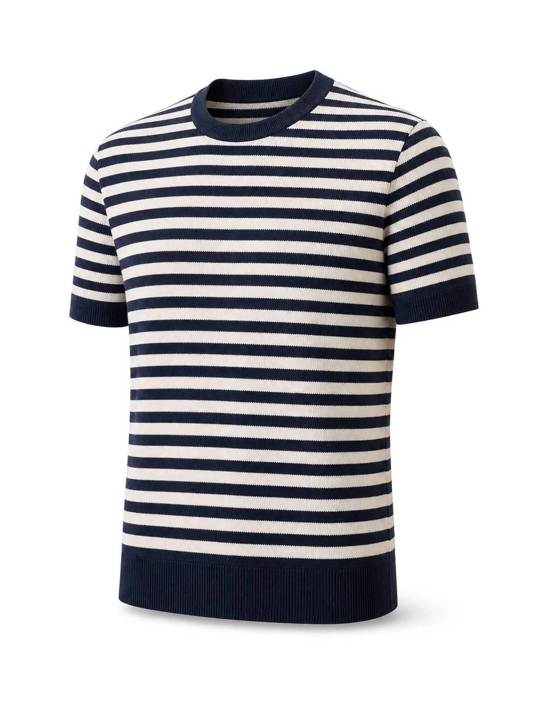 Custom Men's 14GG Navy and Cream Striped Knit T-Shirt for Summer