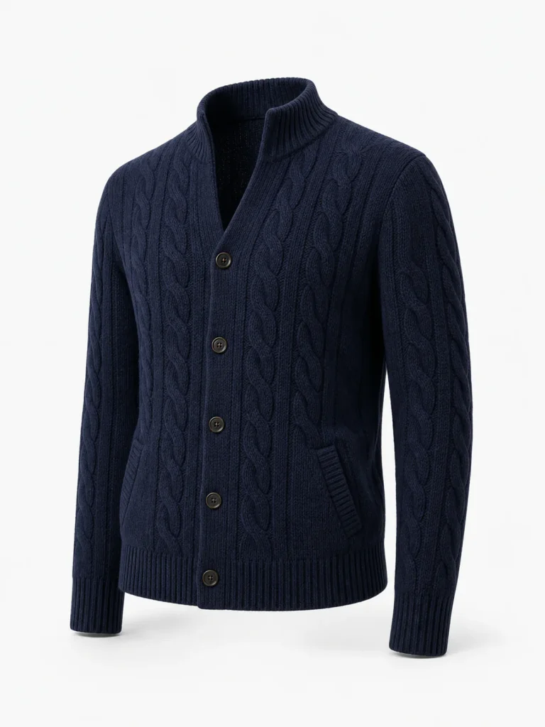 Custom Men's 3GG Navy Cable-Knit Button Cardigan for Winter