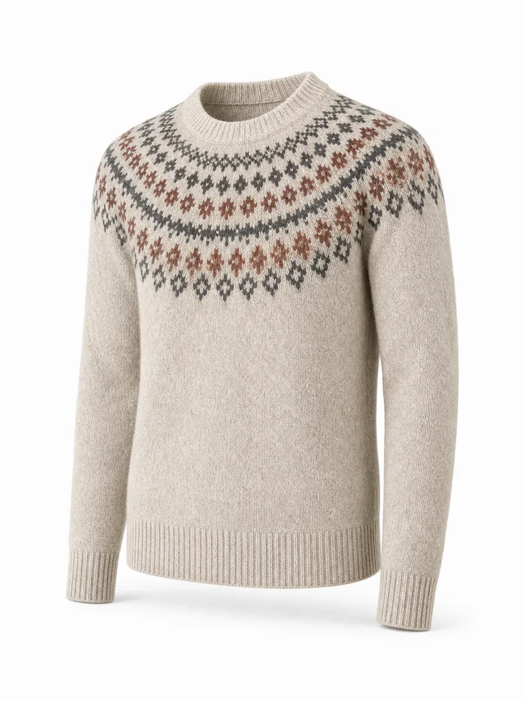 Custom Men's 5GG Oatmeal Fair Isle Yoke Sweater for Winter