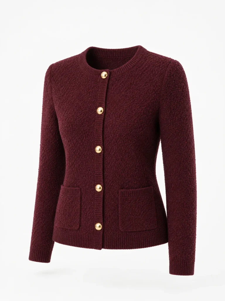 Custom Women's 7GG Burgundy Bouclé Crewneck Cardigan for Autumn