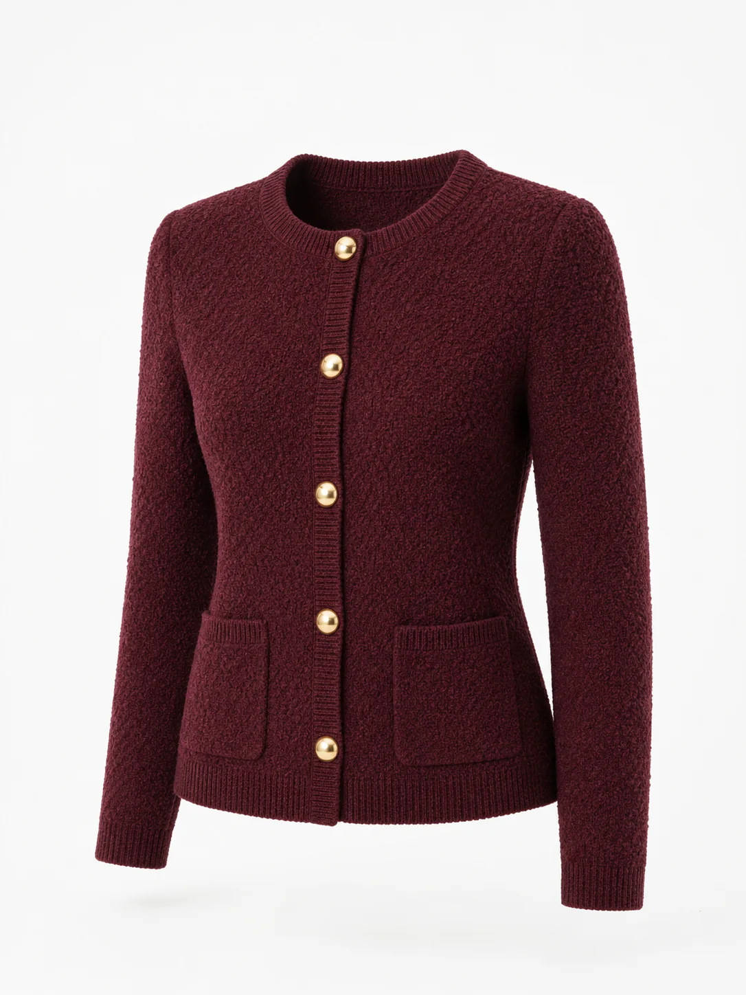 Custom Women's 7GG Burgundy Bouclé Crewneck Cardigan for Autumn
