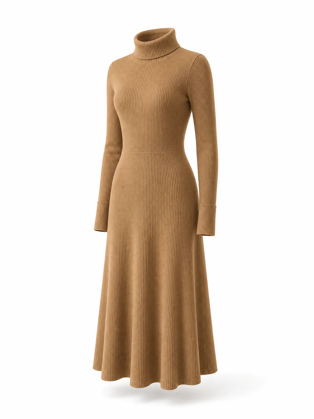 Custom Women's 7GG Camel Ribbed Turtleneck Knit Midi Dress for Autumn