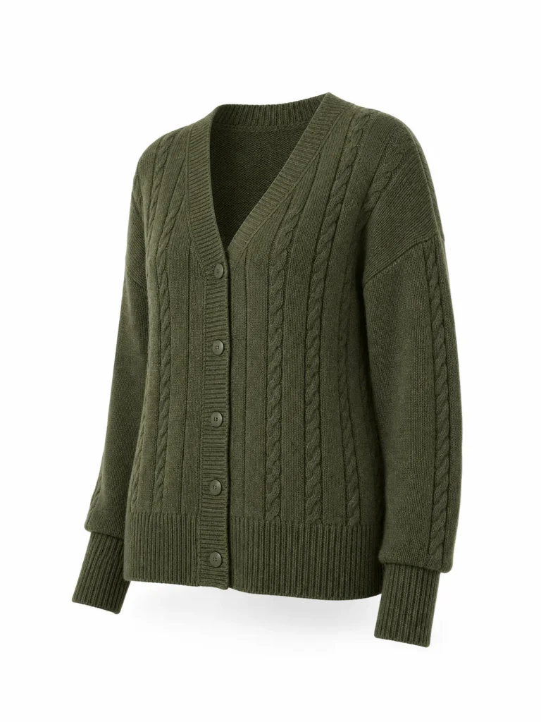 Custom Women's 5GG Forest Green Cable-Knit V-Neck Cardigan for Autumn
