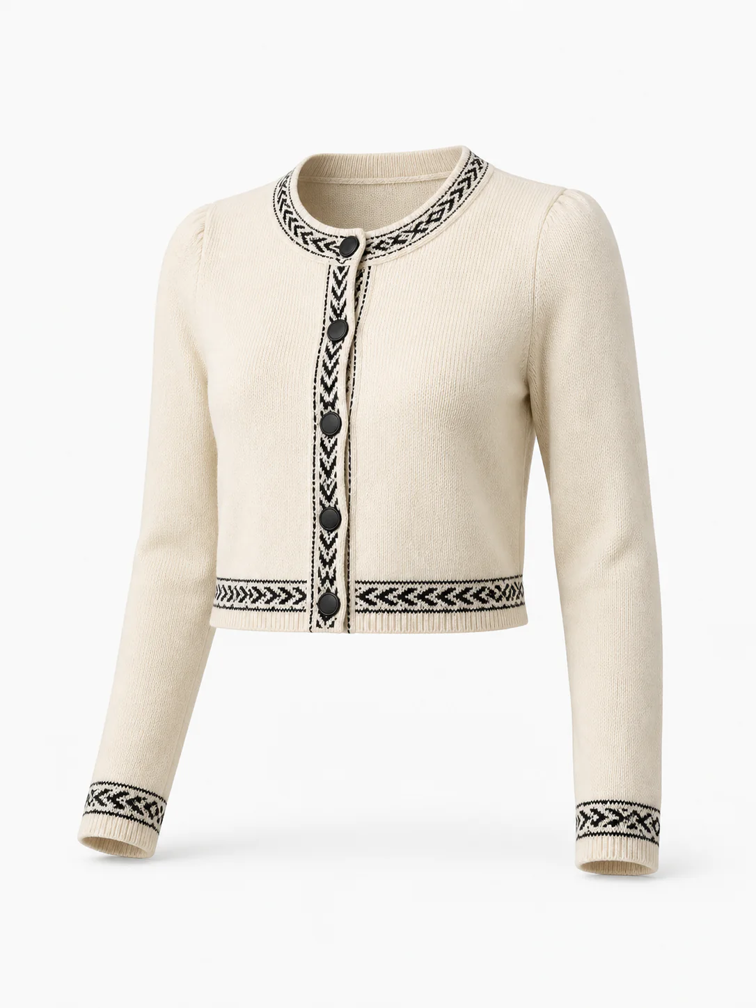 Custom Women's 7GG Cream Geometric Jacquard Cropped Cardigan for Autumn
