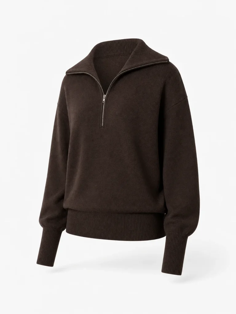 Custom Women's 7GG Chocolate Wide-Collar Half-Zip Sweater for Autumn