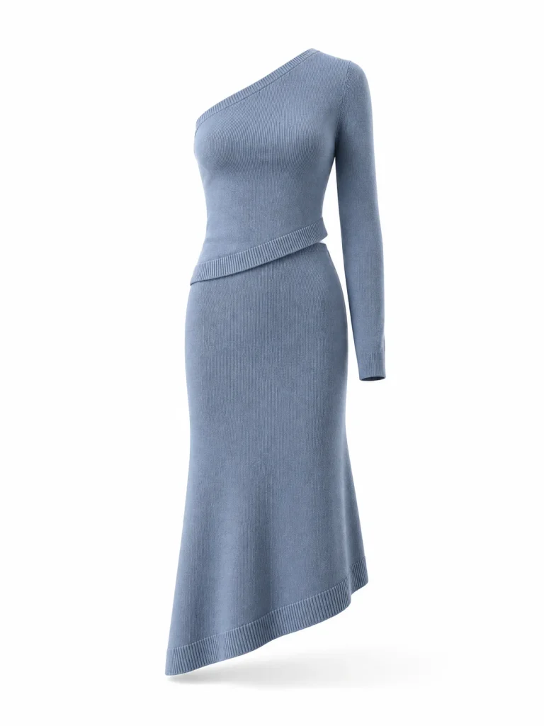 Custom Women's 10GG Dusty Blue Asymmetric Knit Top and Skirt Set for Autumn