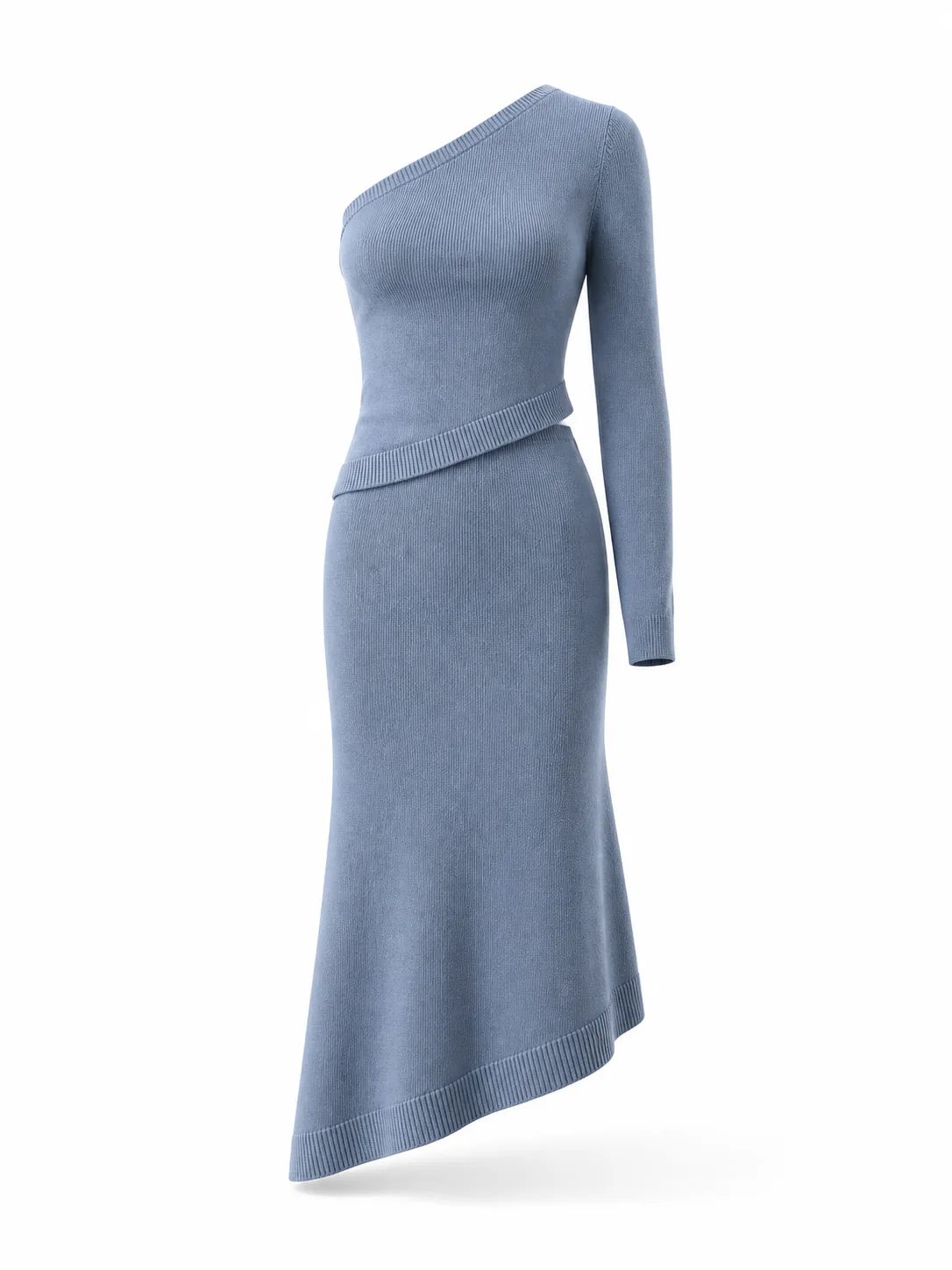 Individuelle Entwicklung: Staubblaues Damen-Strickset aus asymmetrischem Top und Rock in 10GG für den Herbst