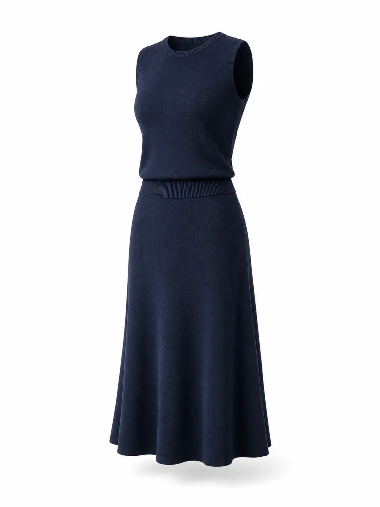 Custom Women's 12GG Navy Sleeveless Knit Top and Midi Skirt Set for Spring