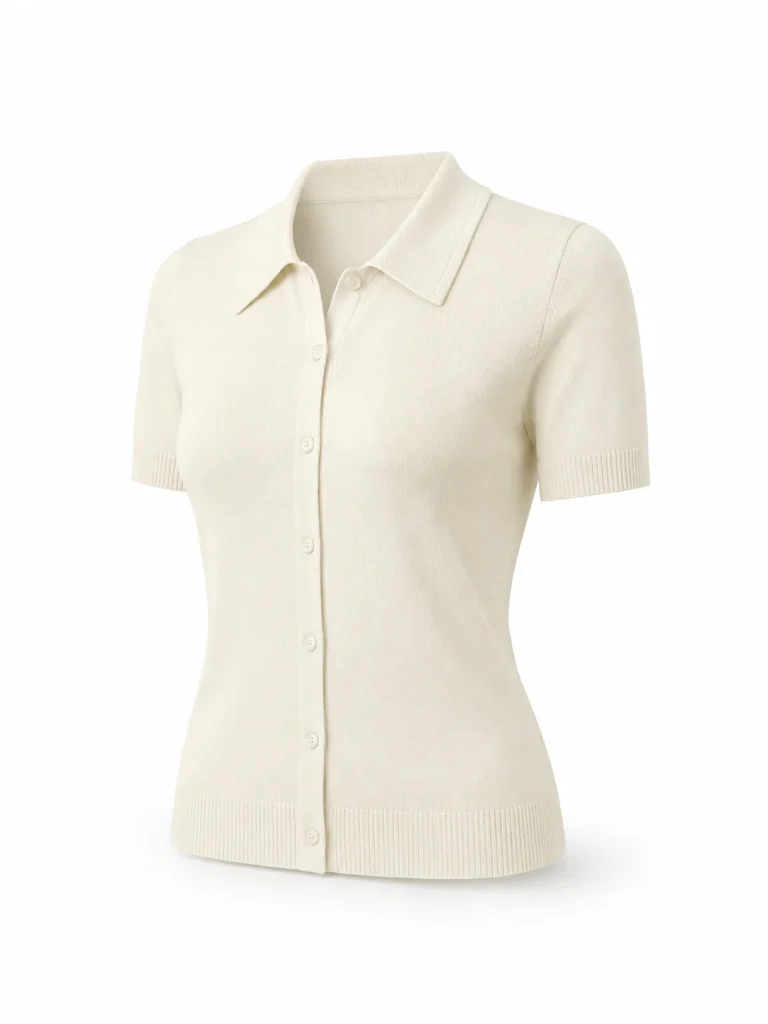 Custom Women's 14GG Cream Short-Sleeve Polo Cardigan for Spring