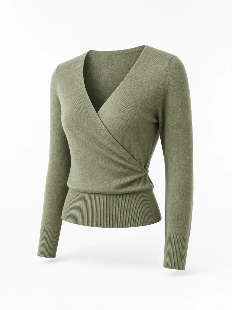 Custom Women's 12GG Sage Green Wrap-Front Knit Top for Spring