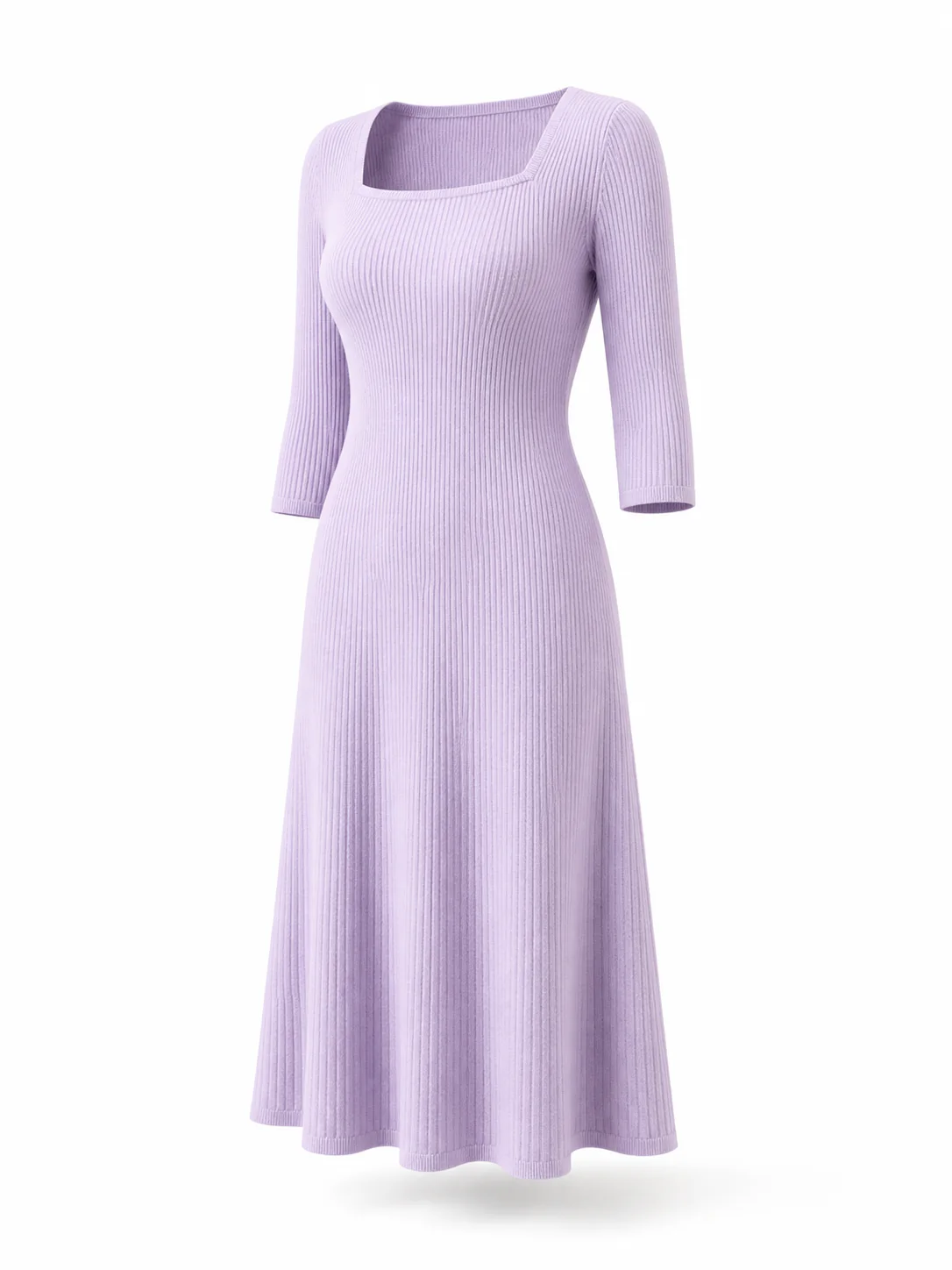 Développement sur mesure : Robe midi femme lilas en maille côtelée à encolure carrée en 12GG pour une collection de printemps