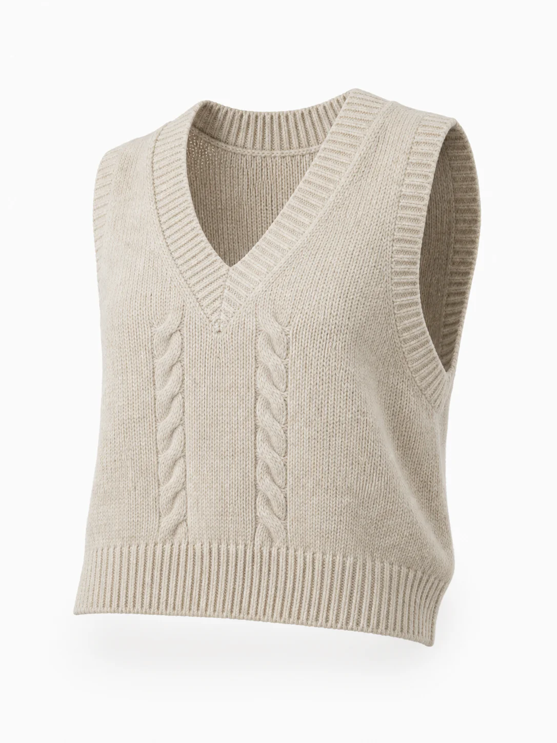 Individuelle Entwicklung: Haferfarbene Damen-Strickweste mit Zopfmuster und V-Ausschnitt in 7GG für den Frühling