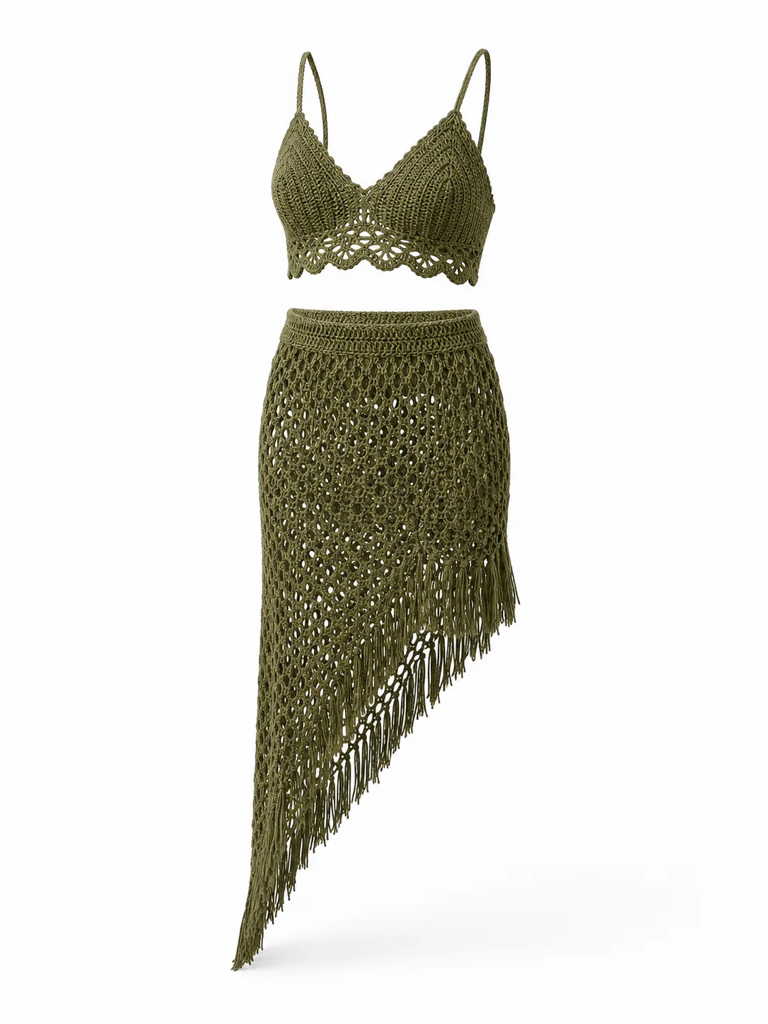 Développement sur mesure : Ensemble femme au crochet olive avec caraco et jupe à franges pour une collection d’été