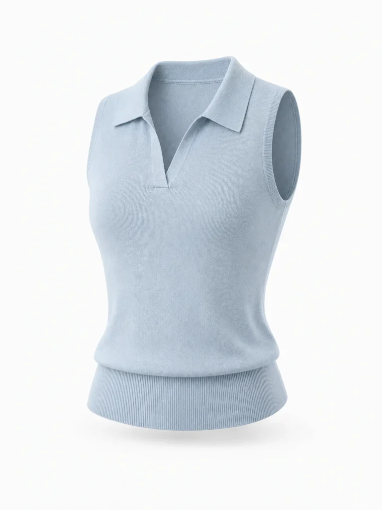 Custom Women's 14GG Powder Blue Sleeveless Fine-Knit Polo for Summer