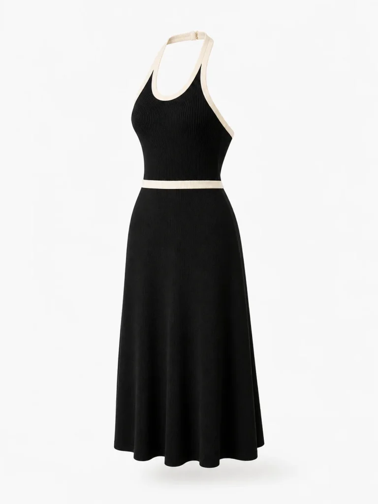 Custom Women's 12GG Black and Cream Halter Knit Midi Dress for Summer