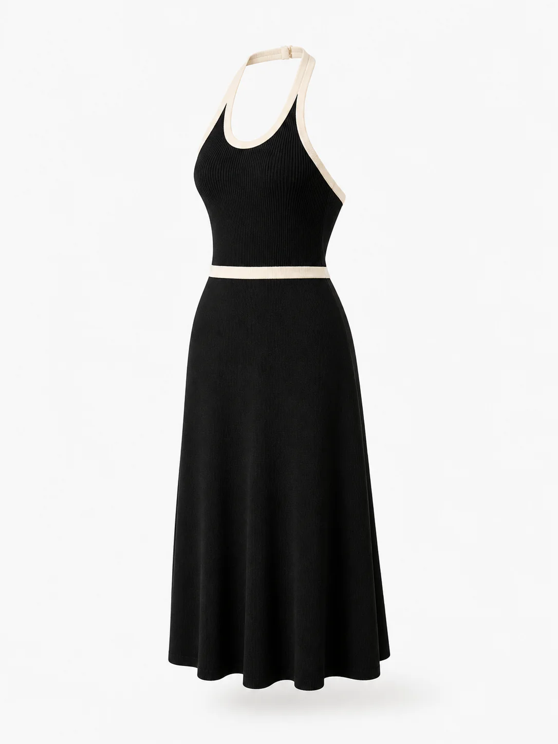 Développement sur mesure : Robe midi femme en maille noire et crème à col dos-nu en 12GG pour une collection d’été