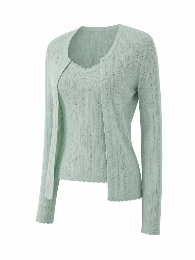 Custom Women's 14GG Seafoam Pointelle Knit Twinset for Summer