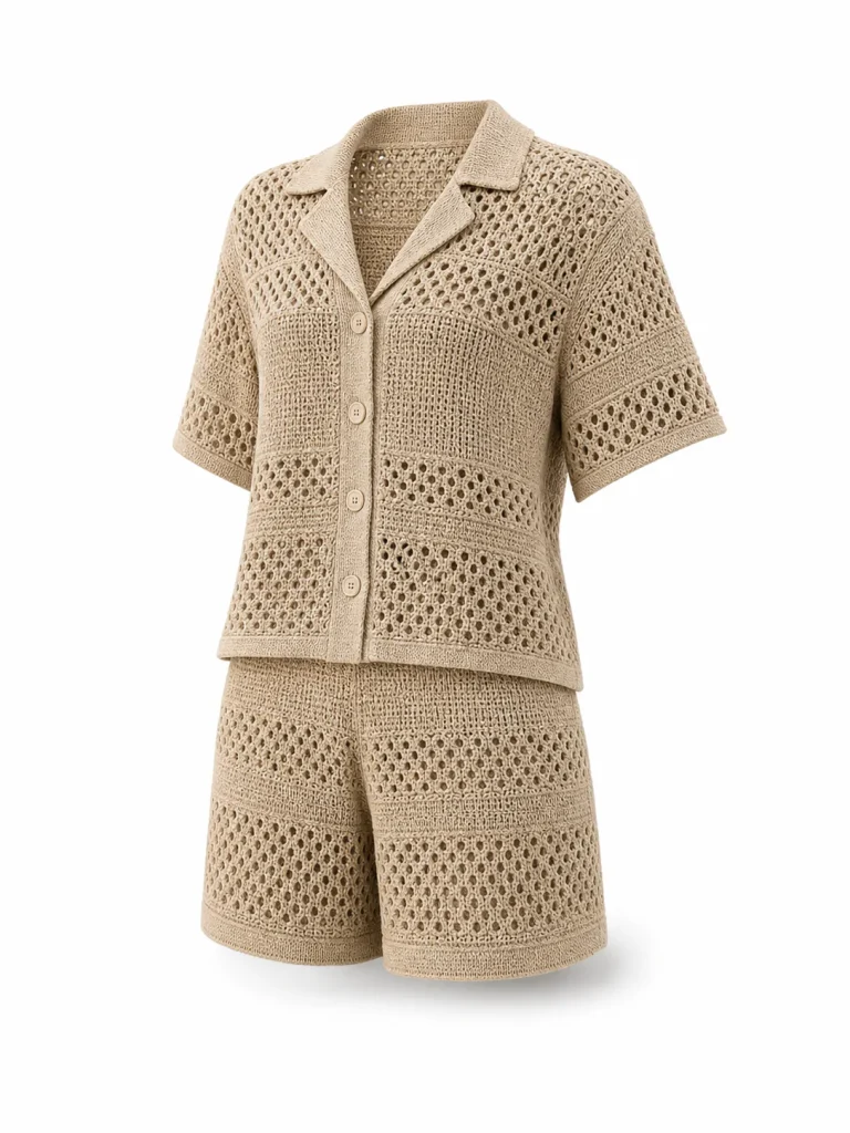 Custom Women's Sand Crochet Shirt and Shorts Set for Summer