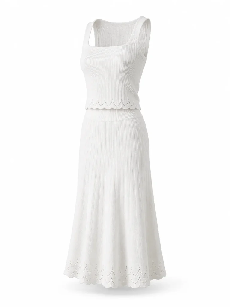 Custom Women's 12GG White Knit Tank and Midi Skirt Set for Summer