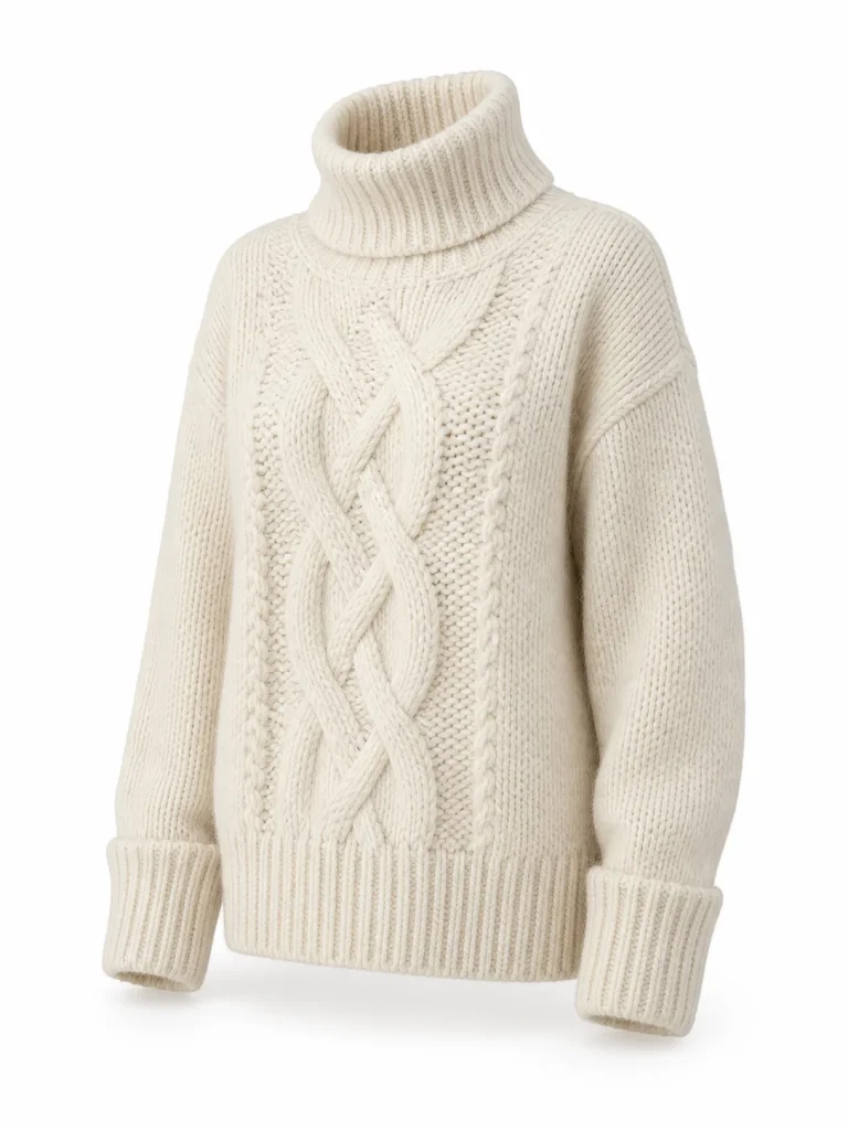 Custom Women's 3GG Ivory Chunky Cable-Knit Turtleneck Sweater for Winter