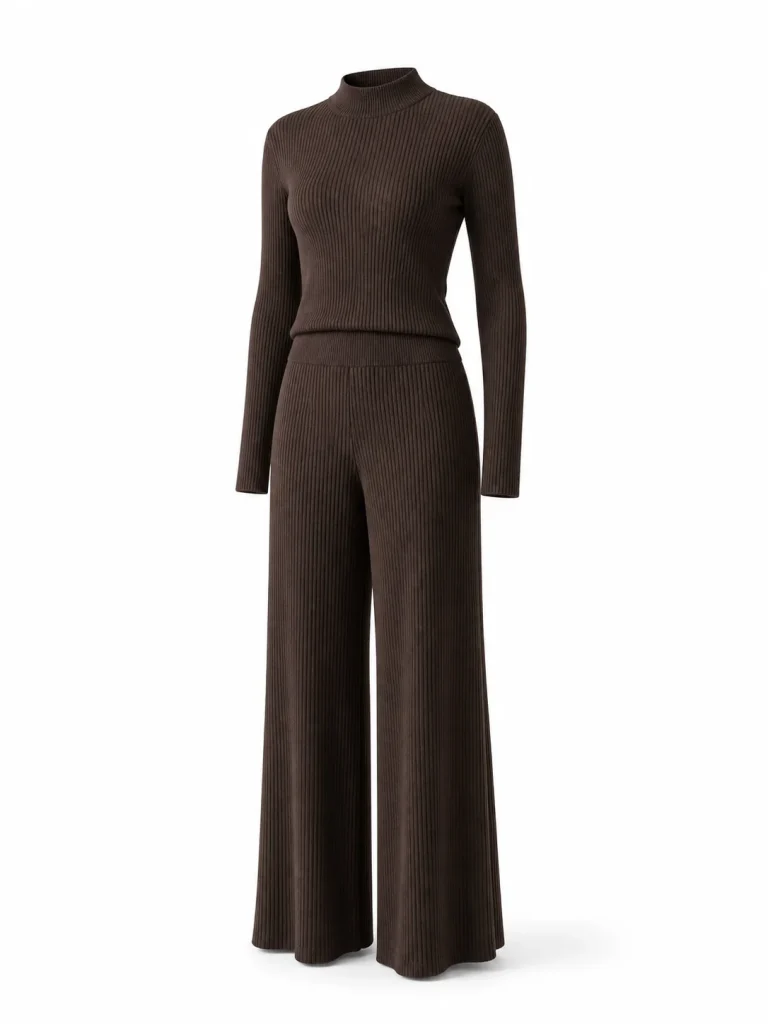 Custom Women's 10GG Espresso Rib-Knit Top and Wide-Leg Pants Set for Winter