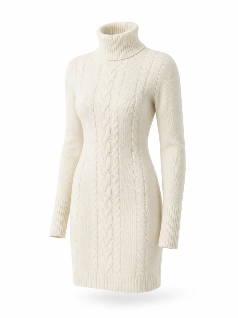 Custom Women's 5GG White Cable-Knit Turtleneck Sweater Dress for Winter