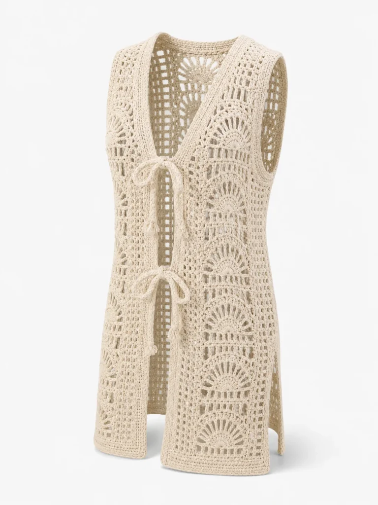 Custom Women's Ecru Chunky-Crochet Tie-Front Longline Vest for Summer